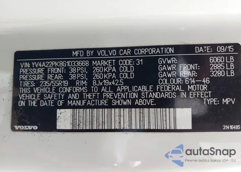 2016 Volvo Xc90 T6 Momentum from USA, damaged, VIN YV4A22PK8G1033668